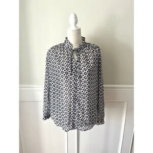 Loft Navy Medallion Print Tie Neck Blouse XS